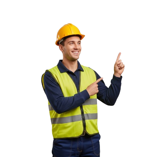 Mosolygó építész, védősiskban.